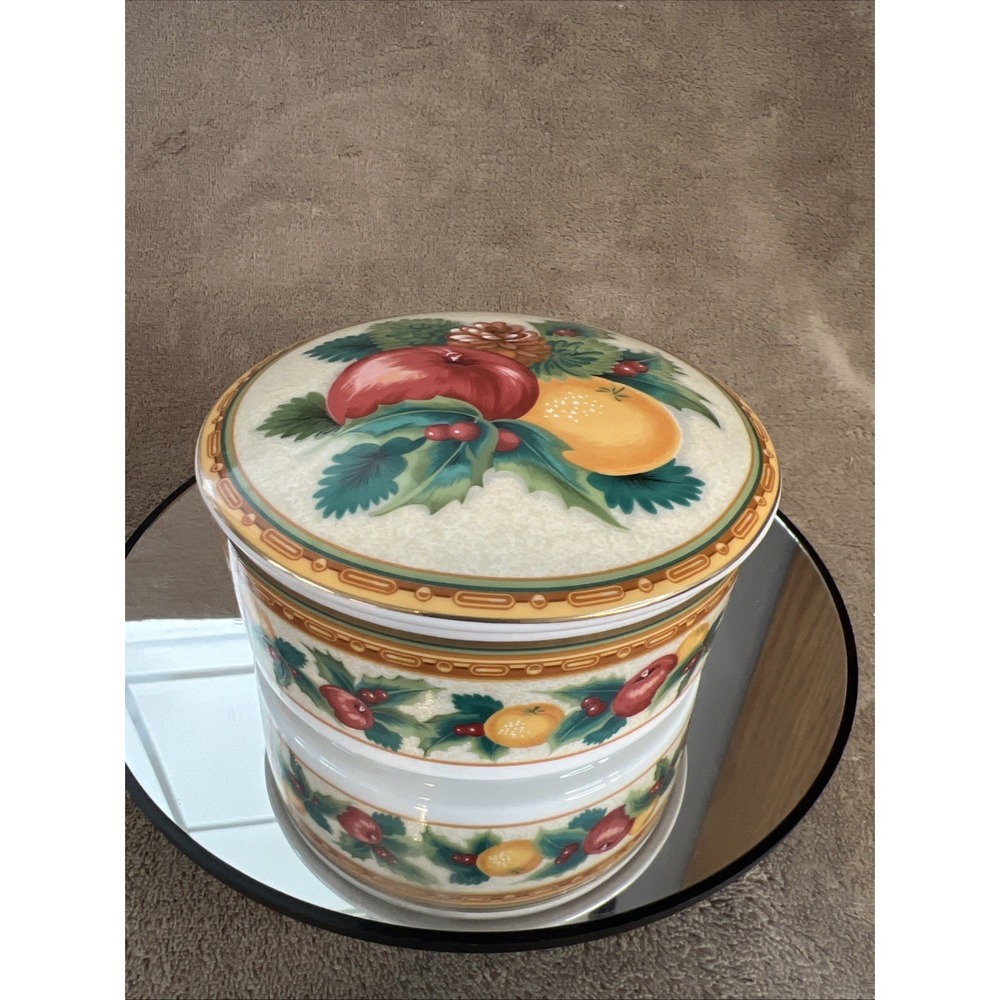 Mikasa Christmas Holiday Fruit UT111 Round Ceramic‎ Trinket Box W/Lid Candy Dish